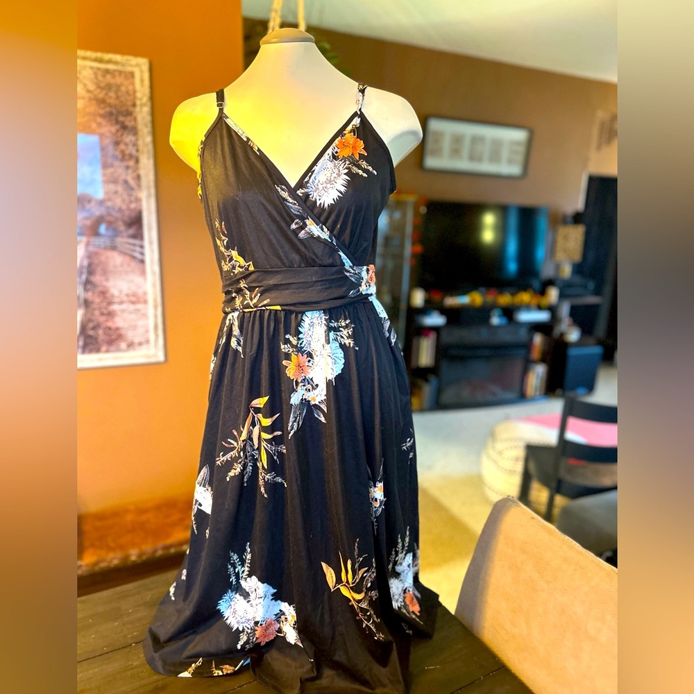 Black floral thin strap summer dress